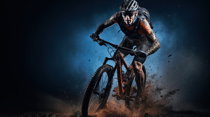 Naklejka premium Studio shot of young man riding enduro bike in pile of mud, Generative AI illustration