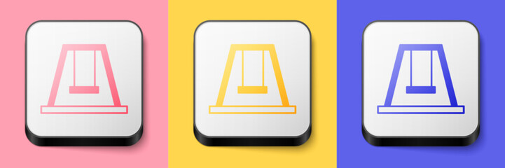 Isometric Swing for kids summer games on playground icon isolated on pink, yellow and blue background. Outdoor entertainment equipment. Square button. Vector