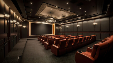 Naklejka premium Modern cinema with empty seats, Generative AI illustration
