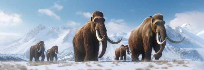 Woolly mammoths roaming the terrains of the ice age earth. Generative AI. - obrazy, fototapety, plakaty