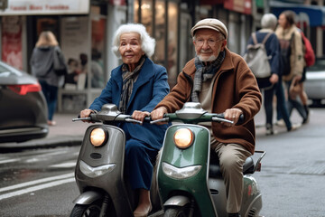 Fototapeta na wymiar Portrait of two seniors on scooters, Generative Ai illustration