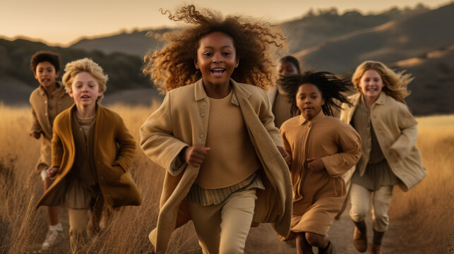 Young happy kids running in the field at sunset, Generative AI illustration