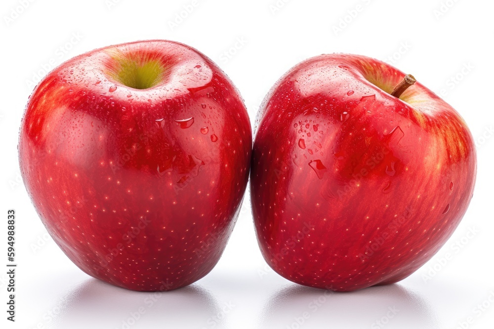 Poster two shiny red apples placed on a clean white background. generative ai