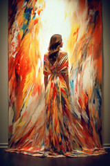 Surreal image of Woman portrait with dress merging into a oil painting. Generative Ai illustration