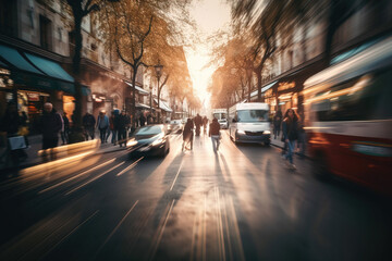Fototapeta na wymiar Motion blur of people commuting in busy street. Generative AI illustration