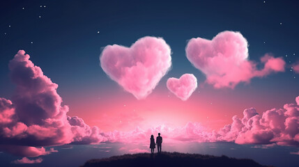 Couple silhouette holding hands in front of pink sky with hearth shapes. Generative AI illustration