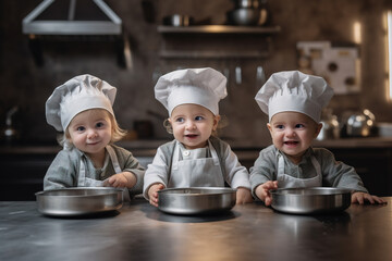 Three  Chef babies playing in the kitchen. Generative AI illustration