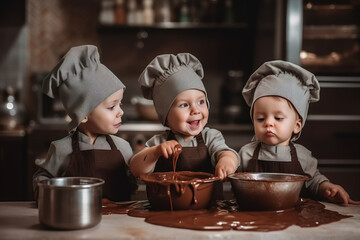 Three cute Chef babies plaing with chocolate in the kitchen. Generative AI illustration - obrazy, fototapety, plakaty