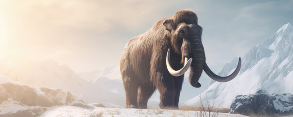 Woolly mammoth roaming the terrains of the ice age earth. Generative AI.