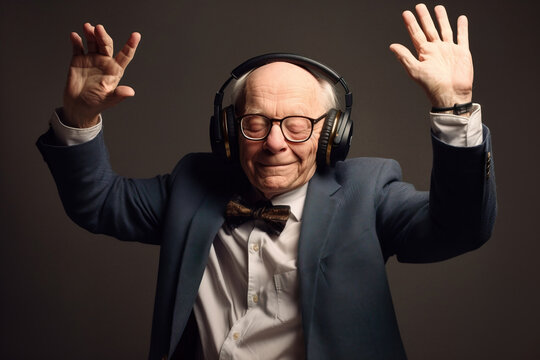 Senior man dancing on music from headphones. Generative AI illustration