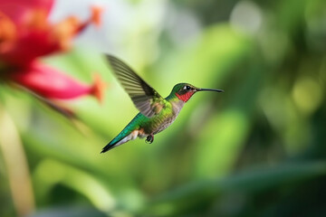 Fototapeta na wymiar Hummingbird hovering next to blooming flowers. Beautiful hummingbird sucking nectar in flight. AI generated image