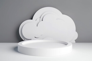 Natural beauty podium background, cosmetic product placement pedestal. Podium white display with clouds, cloud romantic 3d scene. AI generated image.