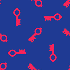 Red Old magic key icon isolated seamless pattern on blue background. Vector
