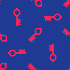 Red Old magic key icon isolated seamless pattern on blue background. Vector