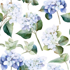 Seamless watercolor pattern with blue hydrangea and leaves. Floral pattern for wallpaper or fabric. White background. Botanical tile. Generative AI