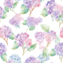 Seamless watercolor pattern with pink purple hydrangea and leaves. Floral pattern for wallpaper or fabric. White background. Botanical tile. Generative AI