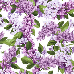 Seamless watercolor pattern with lilac bush and leaves. Floral pattern for wallpaper or fabric. White background. Botanical tile. Generative AI