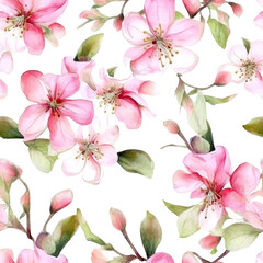 Seamless watercolor pattern with pink apple tree flowers and leaves. Floral pattern for wallpaper or fabric. White background. Botanical tile. Generative AI