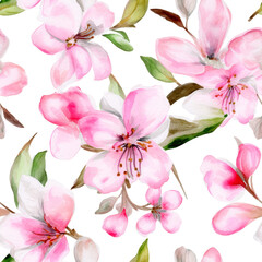 Fototapeta na wymiar Seamless watercolor pattern with pink apple tree flowers and leaves. Floral pattern for wallpaper or fabric. White background. Botanical tile. Generative AI