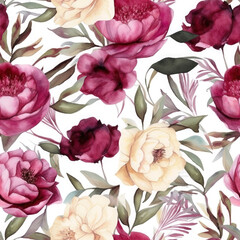 Seamless watercolor pattern with pink burgundy peonies and leaves. Floral pattern for wallpaper or fabric. White background. Botanical tile. Generative AI