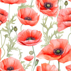 Fototapeta premium Seamless watercolor pattern with red poppies and leaves. Floral pattern for wallpaper or fabric. White background. Botanical tile. Generative AI