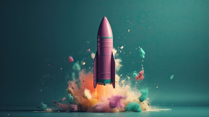 Colorful rocket launch to space with smoke of many colours. Generative AI