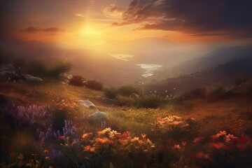 Naklejka premium Amazing sunset over a beautiful landscape covered of flowers. Generative AI
