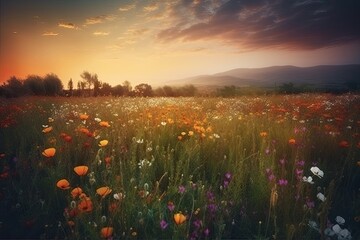 Fototapeta premium Amazing sunset over a beautiful landscape covered of flowers. Generative AI