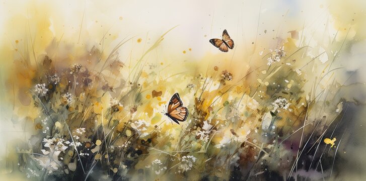 Amazing landscape painted watercolor style with wild grass, butterflies flying and flowers. Generative AI