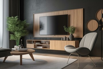 A TV with a wooden plate above the cabinet hangs on a gray wall in a contemporary living room with an armchair, bookcase, curtain, and plant. Generative AI