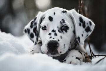 Dalmatian Puppy Smiling Resting In The Snow Generative AI