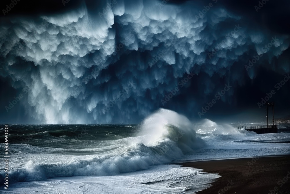 Canvas Prints massive ocean wave breaking onto a beach with dark clouds in the sky. generative ai