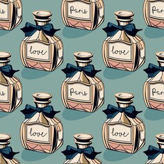 Seamless pattern with perfume bottles. Vintage design bottle. Colorful Hand drawn illustration. Texture fabric, paper package. Green, pink, tiffany blue, black. Retro poster, invitation background.