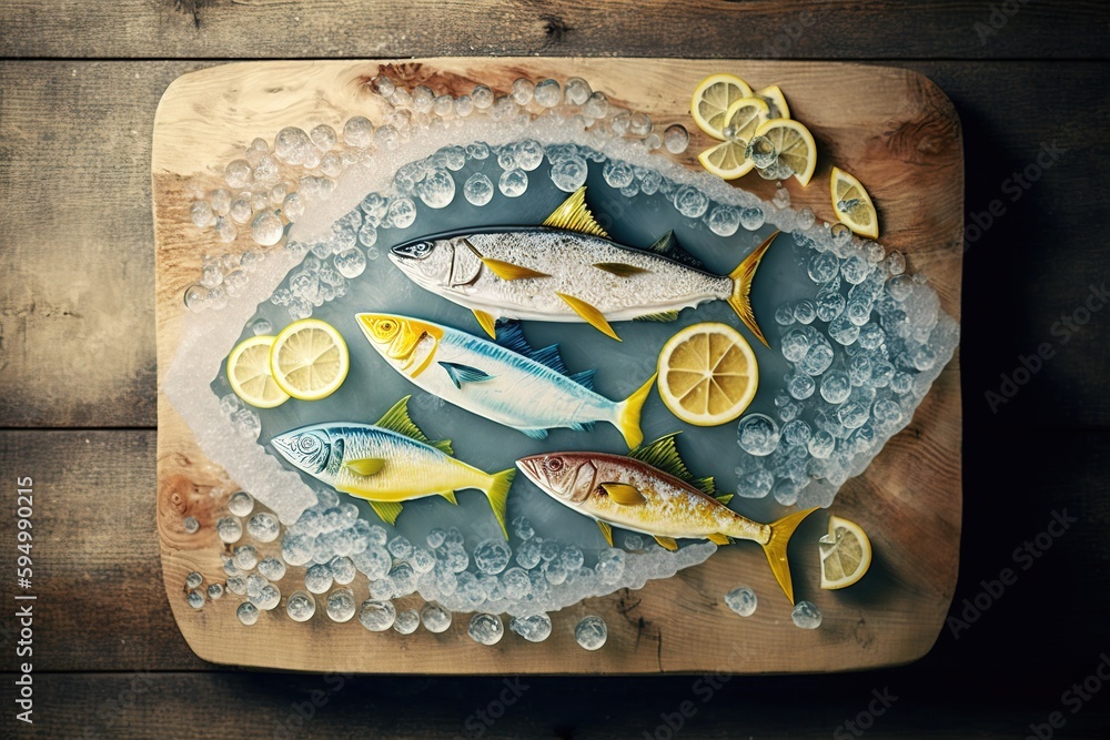 Poster view of raw fish slices on a wooden board with ice from below generative ai