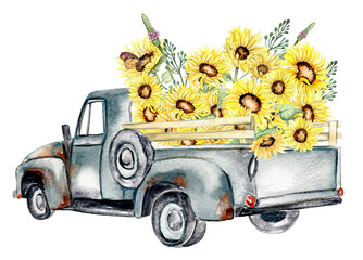 Watercolor composition with sunflowers and farm car in cartoon style.Hand drawn illustration of summer. Perfect for scrapbooking, kids design, wedding invitation,posters, greetings cards.