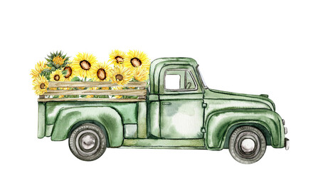 Watercolor composition with sunflowers and farm car in cartoon style.Hand drawn illustration of summer. Perfect for scrapbooking, kids design, wedding invitation,posters, greetings cards.