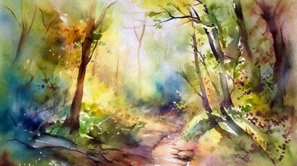 Watercolor painting of a tree, landscape with trees, morning in the forest