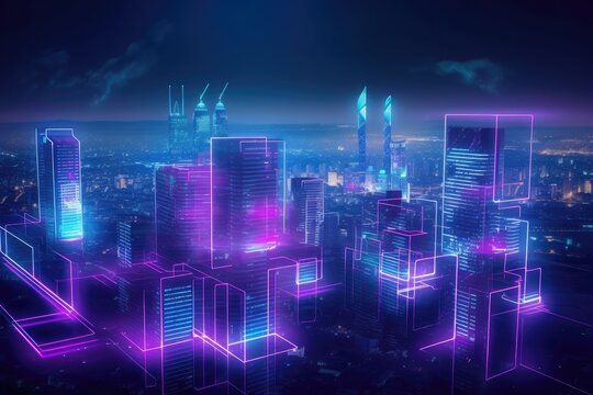 vibrant and futuristic cityscape with towering skyscrapers and neon lights. Generative AI