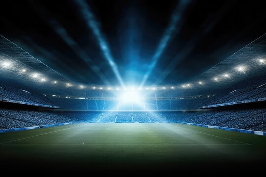 soccer stadium with vibrant lights illuminating the green field. Generative AI