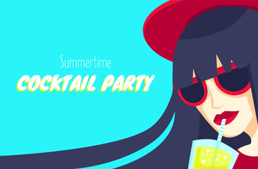 Cocktail party card, invitation, greeting, summertime leisure activity announce with cool women drinking cold lemonade.