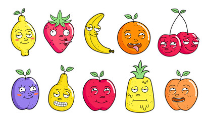 Set of funny summer crazy fruits as cartoon characters with facial expressions.
