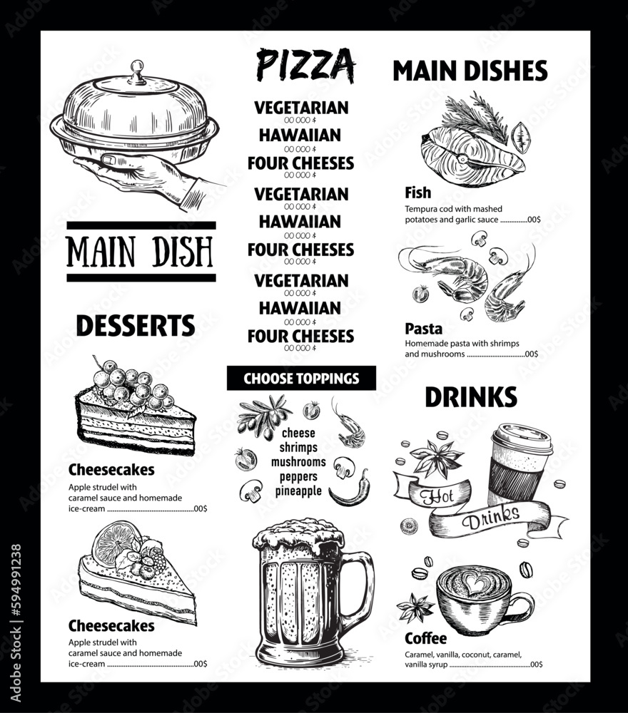 Sticker menu restaurant brochure. flyer with hand-drawn graphic.