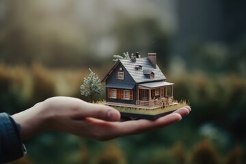 Close up of a person holding a model of their new house in their hands. Concept about building a home and buying a house. Created with generative AI