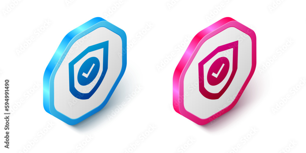 Poster isometric shield with check mark icon isolated on white background. protection symbol. security chec