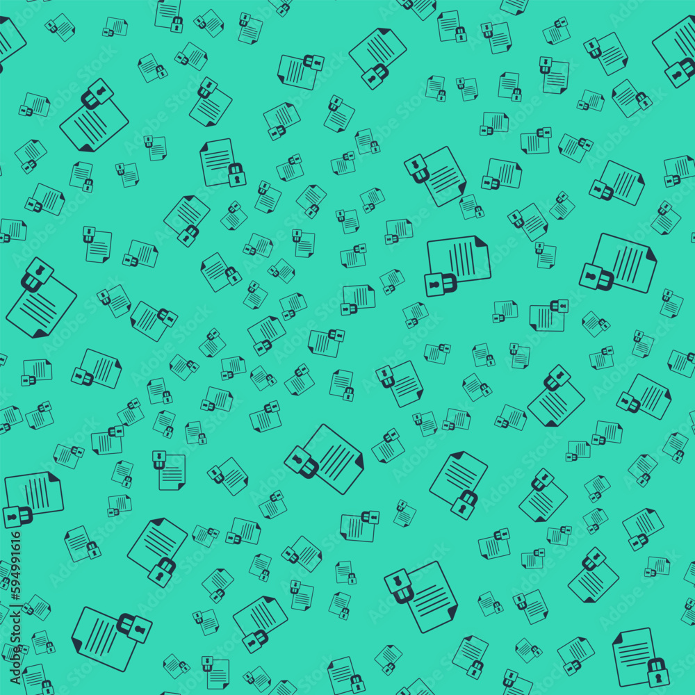 Poster black document and lock icon isolated seamless pattern on green background. file format and padlock.