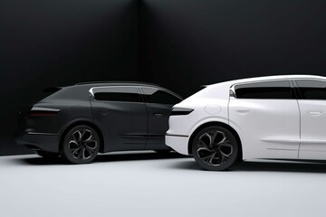 Fototapeta na wymiar Two new modern cars, black and white. Compare concept. Generative AI
