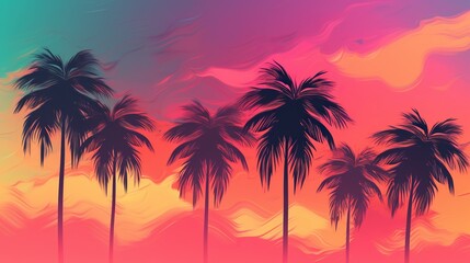Plakat Palm trees on the background of a colorful bright sunset, red sun. Summer tropics vacation