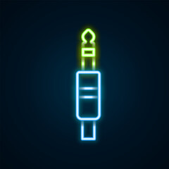 Glowing neon line Audio jack icon isolated on black background. Audio cable for connection sound equipment. Plug wire. Musical instrument. Colorful outline concept. Vector