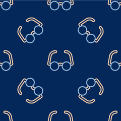 Line Glasses icon isolated seamless pattern on blue background. Eyeglass frame symbol. Vector