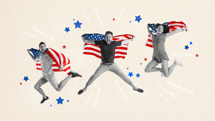 Happy young people smiling, jumping with american flags, celebrating Independence Day. Contemporary art collage. Concept of american culture, history, patriotism, holiday, 4th of july